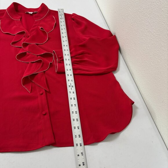 Chicos Ruffle Front Button Up Blouse Size 2 US 12 Red V Neck Sparkle Trim Top - Picture 12 of 12